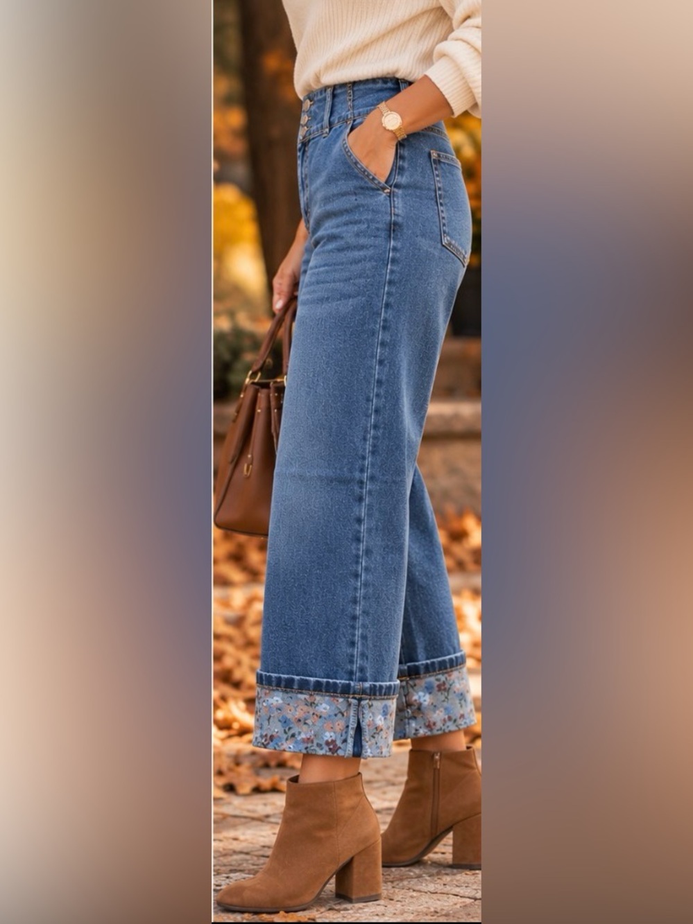 Marc New York Wide-Leg Blue Jeans with Patterned Cuffed Hem